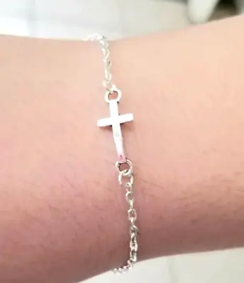 Silver Cross Bracelet Sideways Cross Bracelet Womens Religious Jewelry Handmade • $18.95
