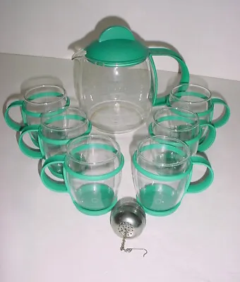 Jenaer Glas Glaswerk Glass W Aqua / Teal Blue Coffee Tea Pot & 6 Cups - Germany  • $31.75