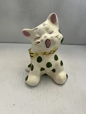 Vintage Yawning Kitten Ceramic Vase Polka Dot With Bow • $17.99