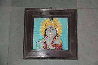 Vintage Unique Wooden Framed Goddess Krishna Embossed Picture Fine Ceramic Tile • $92.58