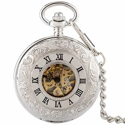 Luxury Silver Vintage Double Hunter Roman Dial Skeleton Pocket Watch Mechanical • $19.98