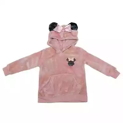 Minnie Mouse Faux Fur Hoodie Girls 3T Pink Sequin Bow Ears Sweater Velour Disney • $8.99