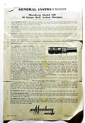 Vintage Original Factory Mossberg Model 190 Shotgun General Instructions Sheet • $50