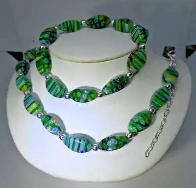 90's Vintage Murano Venetian Glass Millefiori Necklace & Bracelet Green Sterling • $95