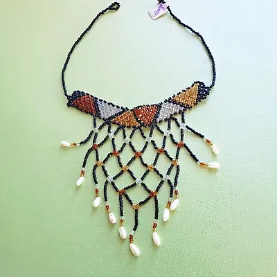African- Maasai- Handmade Glass Bead & Shell Choker Necklace-Black- Kenya- New P • $10.49