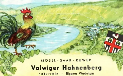 Vintage Valwiger Hahnenberg Rooster Mosel Saar Ruwer German Wine Label • $9.42