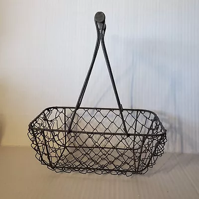 Vintage Metal Wire Chicken Egg Basket Wood Handle 9  Rectangle • $21