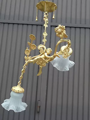 Vintage French Bronze Brass Angel Putti Cherub Chandelier Pendant Lamp Rare • $1295