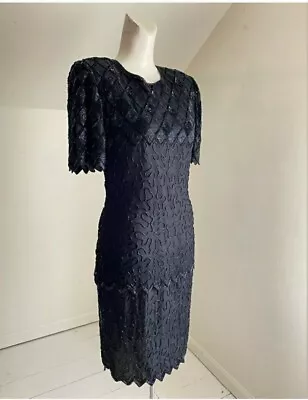 Vintage Laurence Kazar Silk Beaded Evening Dress Black Midi • $15