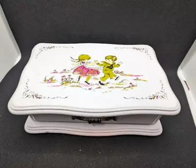 Vintage Mele Children's Jewelry Box White With Child Scene On Top Pink Velvet • $15