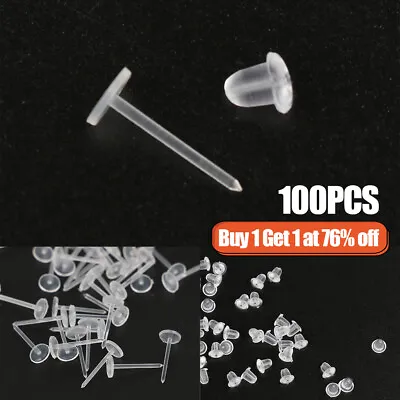 100x Invisible Plastic Earring Pins & Anti-Allergy Rubber Studs Jewellery Retain • £3.04