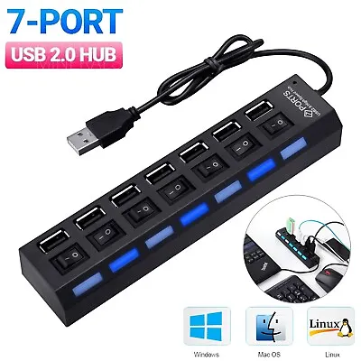 7 Port USB 2.0 Hub LED Powered High Speed Splitter Extender Multi Adapter PC Mac • $7.90