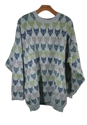 Cat Pattern Handmade Wool Blend Sweater Sz Large Finland Gray VTG • $73