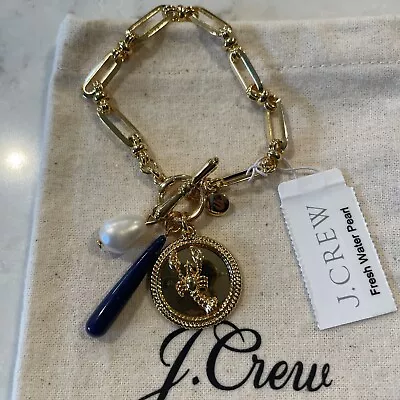 J.Crew Lobster Charm Chain Bracelet NWT Burnished Gold NAVY Freshwater Pearl • $19.99