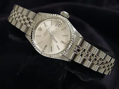 Vintage Rolex Date Lady Stainless Steel & 18K White Gold Watch Silver Dial 6517 • $2243.98