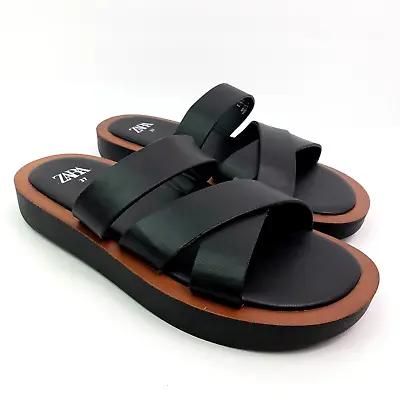 Zara Minimal Womens Size 6.5 Black Slip On Platform Flat Slide Sandals • $38.12
