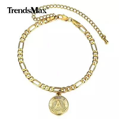 Round Initial A-Z Bracelet Gold Plated Stainless Steel Figaro Chain 8 +4  Link • $8.54