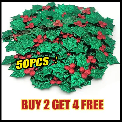 50PCS Christmas Mini Holly & Berry Leaves Embellishments DIY Craft Decorations • £2.30