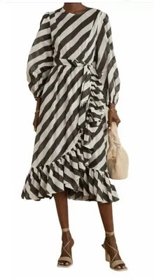 $250 • Buy Zimmermann Zimmerman Lulu Stripe Beige Diagonal Stripe Brown Dress 3 12 14 Frill