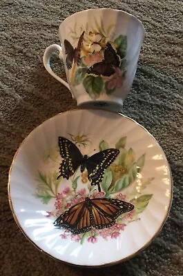 Royal Sutherland England Cup & Saucer Colorful Butterflies Teacup Vintage Gold • $20