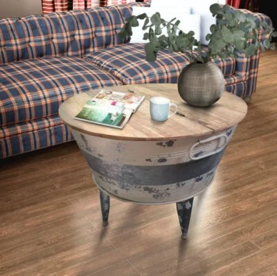 $199.99 • Buy Galvanized Wash Tub Coffee Table With Storage Cocktail Round Farmhouse Rustic
