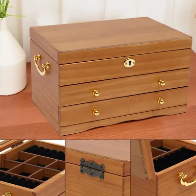 Large Wooden Jewelry Box W/ Safe Lock 3 Layers Retro Storage Organizer Gift New • $44