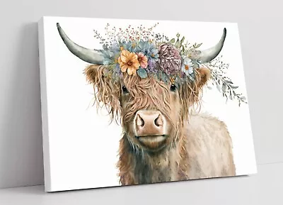 Highland Cow With Flower Crown Home Decor Canvas Wall Artwork Picture Print • £14.99