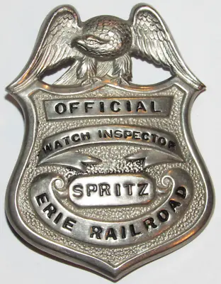 VINTAGE 1920s ERIE RAILROAD 'OFFICIAL WATCH INSPECTOR' METAL BADGE! ELMIRA N.Y. • $999.99