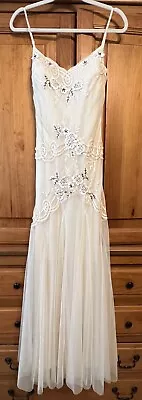 VTG Lotus Formal Dress 10 Ivory Silk Embroidery Gatsby Prom Evening 90s Y2K • $24.95