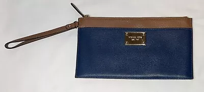 Michael Kors Jet Set Large Leather Clutch Wristlet Zip Top Navy Blue & Brown • $22.99