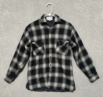 Vintage Lumber Jack Shirt Men's Small 14-14.5 Black Gray Acrylic Plaid Outdoor • $24.99