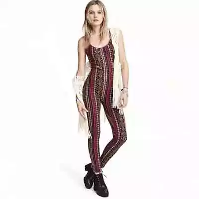 H&M Coachella Jumpsuit Skinny Hippie Black Red Spaghetti Strap Boho Womens 6 • $18.80