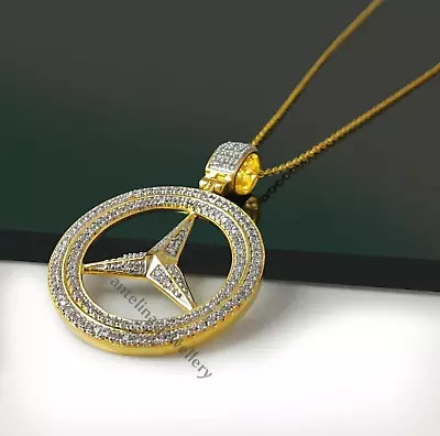 Men's Mercedes Benz Pendant 4Ct Round Simulated Diamond 14K Yellow Gold Plated • $127.67