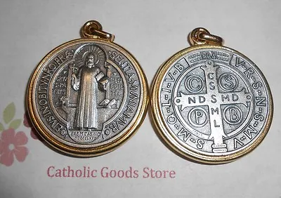 SAN BENITO Medalla / SAINT Benedict Cross SILVER/GOLD Tone -1.25 - Made In Italy • $8