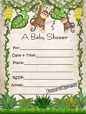 20 Monkey Jungle Safari Baby Shower Invitations W/envelopes • $16.99