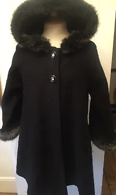 £20 • Buy Ladies Italian Designer Black Wool A Line Fur Hood Coat Cape L 40 C Mint £250