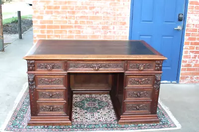 French Antique Oak Renaissance  Desk With 8 Drawers & Leather Top • $4200