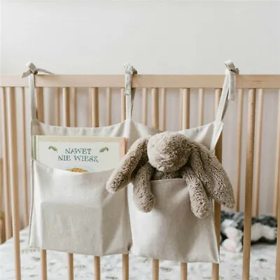 Linen Baby Crib Hanging Storage Bag Baby Cot Bed Organizer Toy Diaper Pocket • £9.95