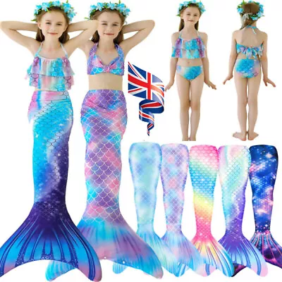 2024 Girls Mermaid Tail Swimming Costume Swimmable Bikini Set Summer Swimsuit UK • £15.82