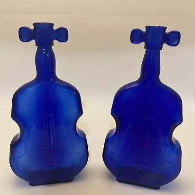 Vintage Cobalt Blue Glass Embossed Cello/Violin Bottle  Glass 8  High Set Of 2. • $10