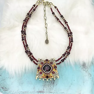 Michal Golan Garnet Gemstone 24kt Gold Plate Necklace Elegant Handmade Statement • $149