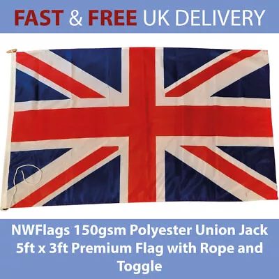 NWFlags 150gsm Polyester Union Jack 5ft X 3ft Heavy Duty Flag Rope And Toggle • £29.99