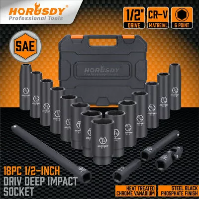 18 Pcs 1/2-Inch Drive Deep Impact Socket Set SAE Inch Axle Hub Nut 6-Point CR-V • $49.39