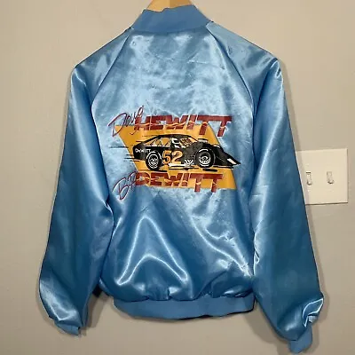 Vintage 80s Dewitt #52 Sprint Car Racing Blue Satin Bomber Jacket Sz M • $50