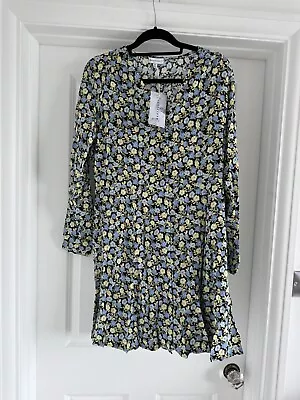 BNWT Warehouse Size 14  Floral Long Sleeve Mini Tea Dress Black Yellow Frock New • £24