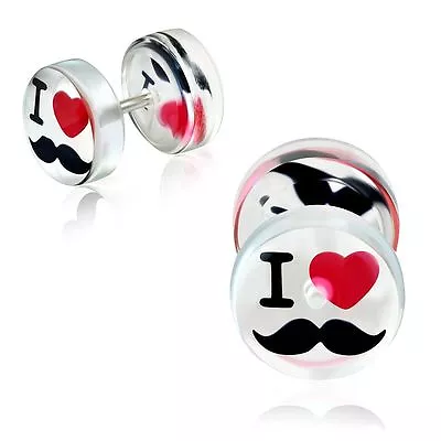 Clear Acrylic Heart I Love Mustache Faux Fake Ear Plug Pair CBY110 • $7.99