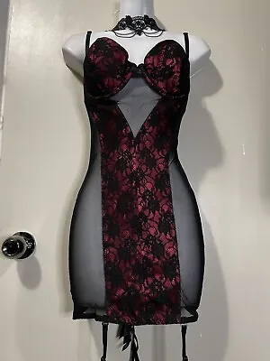 Fredericks Babydoll Black Lace Coquette Goth Bustier Lingerie Suspender Dress • $36