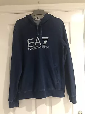 EMPORIO ARMANI EA7 Blue Pullover Hoodie Large EA7 Chest Logo Size L • £19.99