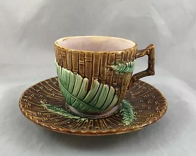 Antique English Majolica Pottery James Wardle Bamboo & Fern Cup & Saucer  • $64.99