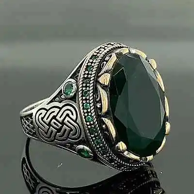 Man Handmade Ring  Emerald Stone Ring  Green Stone Ring  Ottoman Style Ring • $85